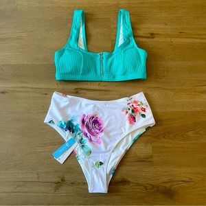 *** NWT Cupshe Floral Bikini High Waisted bottoms zipper top built in pads med